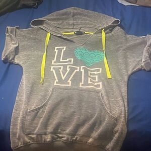 Miss Chievous Gray Hoodie with Turquoise Heart and Neon Yellow Drawstrings
